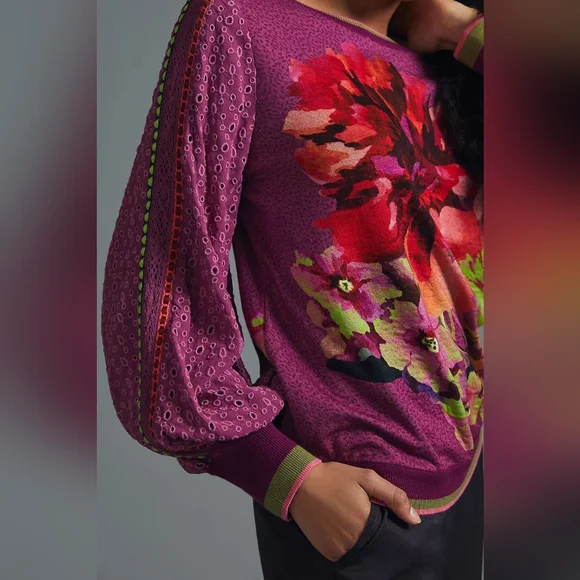 Anthropologie Purple Floral Knit Sweater - Picture 3 of 8
